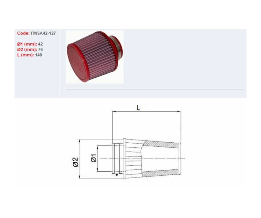 Filtre à air BMC conique Ø42mm - FMSA42-127 - 1097764
