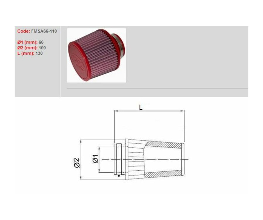 Filtre à air BMC conique Ø66mm - FMSA66-110 - 1097800