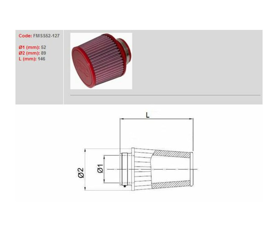 Filtre à air BMC conique Ø52mm - FMSS52-127
