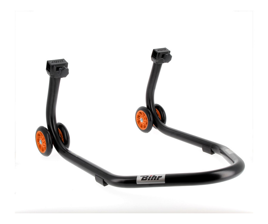 Béquille arrière BIHR Home Track supports en "V" noir mat roues orange Béquille arrière BIHR Home Track supports en "V" noir mat roues orange