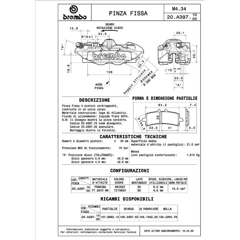 Paire étriers BREMBO UPGRADE M4 monobloc - 108mm/P4 34 (avec plaquettes)